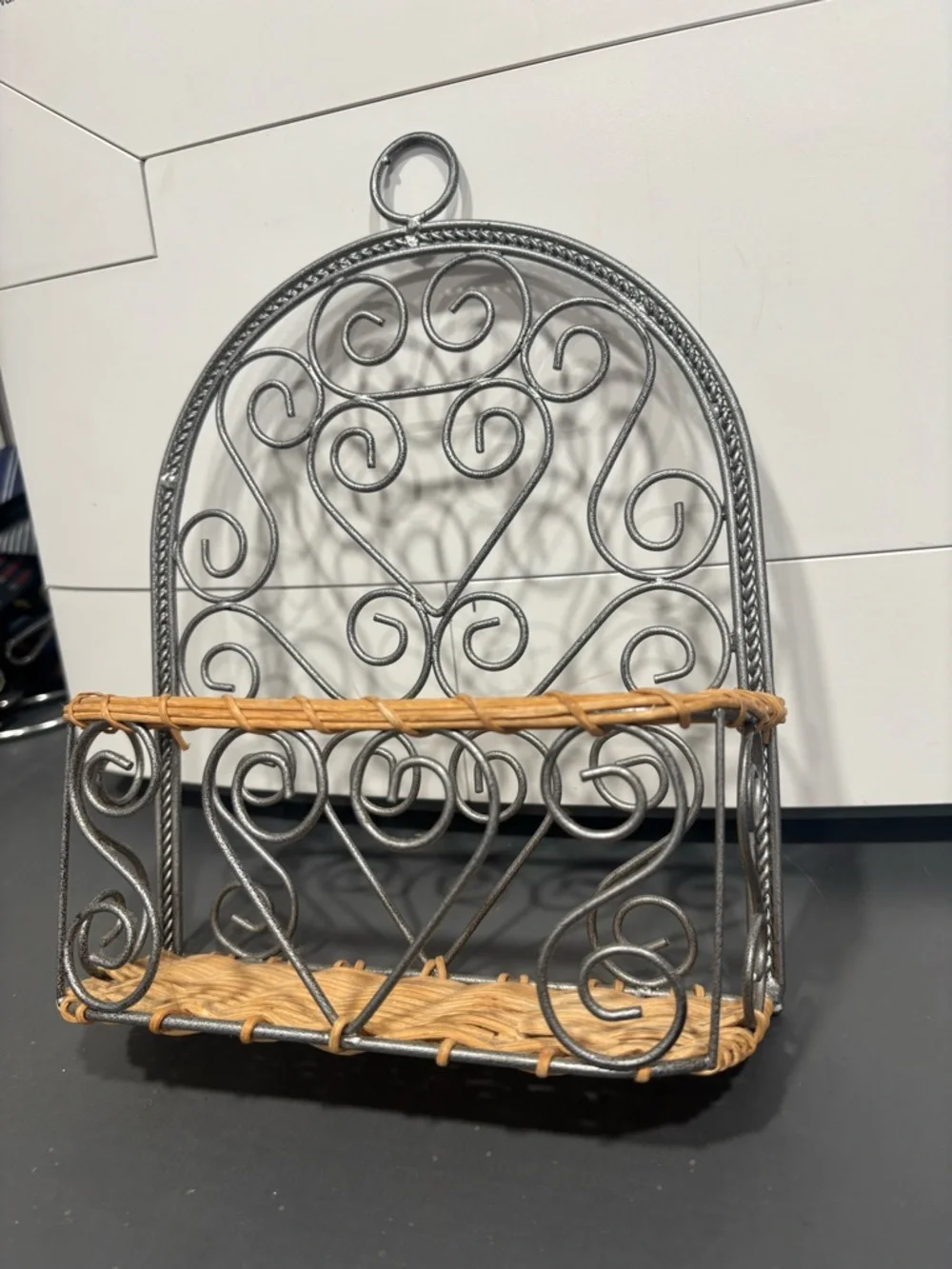 Ornate Metal Wall Basket with Woven Accent - Home Wall Decor